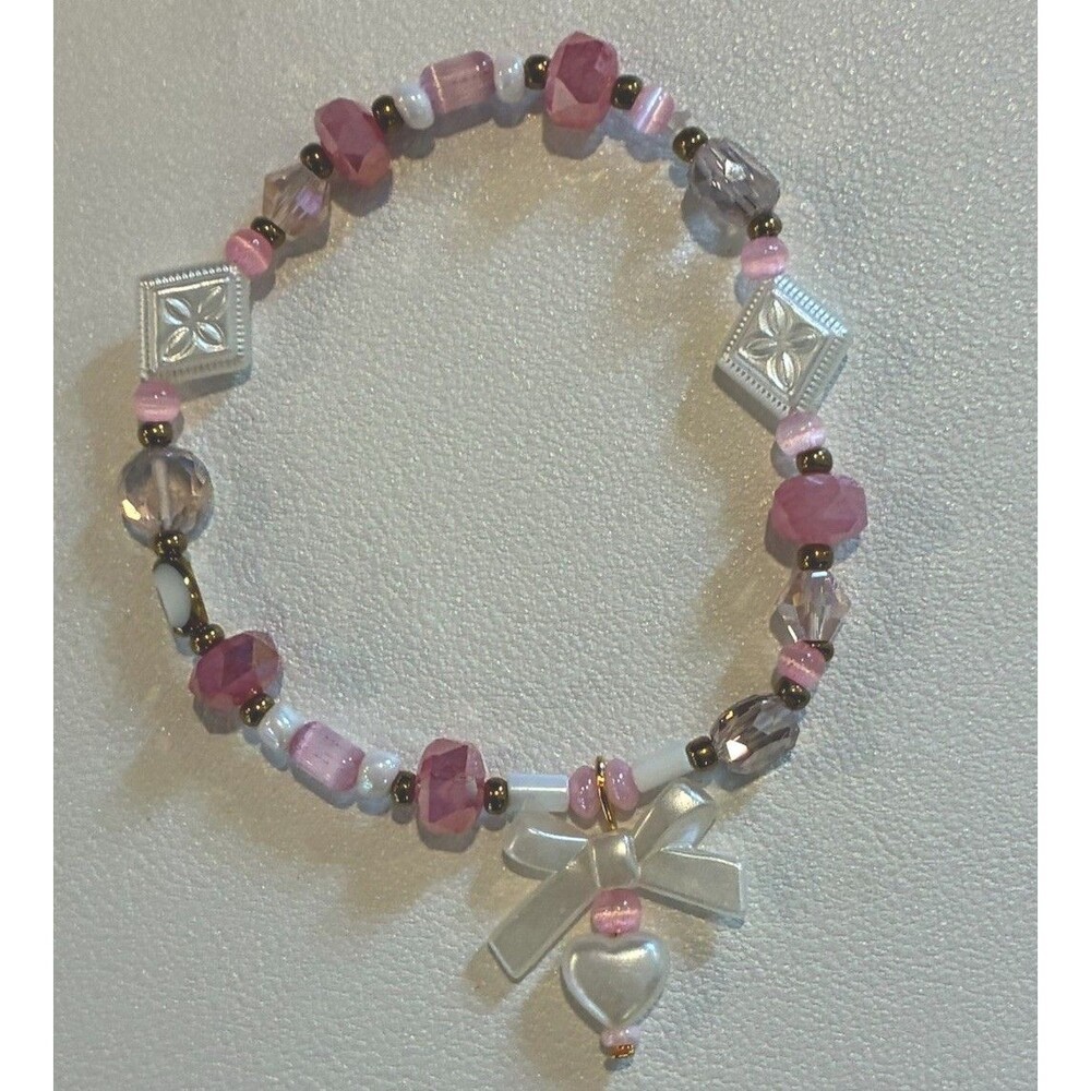 Handmade Pink Beaded Stretch Bracelet Bow Heart Charm Coquette Jewelry